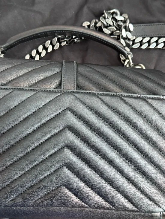 Saint Laurent Black Quilted Leather Shoulder Bag with Silver YSL Logo - Picture 2 of 12